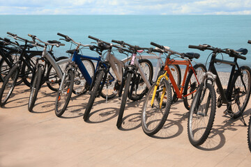 Wall Mural - Parking with bicycles on embankment near sea