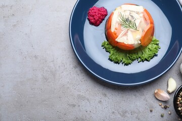 Delicious chicken aspic served on grey table, flat lay. Space for text