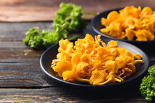 Edible Orange Mushroom On Plate, Organic Food Ingredients In Seasonal