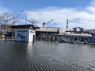 Landscape of abandoned power plant when flooding disaster. The photo perfect for safety poster and disaster background. 