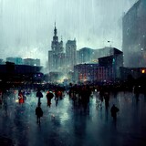 Fototapeta Londyn - View of the city with a crowd of people on a rainy night , digital illustration