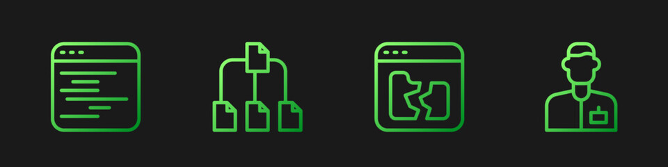Aufkleber - Set line Broken file, Software, Folder tree and Analyst engineer. Gradient color icons. Vector