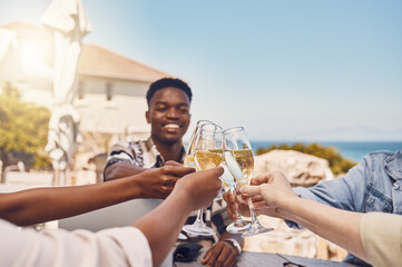 Wall Mural - Celebration, alcohol and friends toast with wine at an outdoor restaurant, happy and having fun. Young diverse people gathering to celebrate freedom, birthday, friendship or good news with cheers