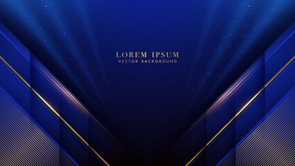Wall Mural - Diagonal golden and blue lines with shiny dots effect decoration on dark blue luxury background. Elegant style design template concept