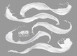© Vector Tradition - Milk, yogurt or cream white wave splashes, isolated dairy milky flow swirls with splatters. Realistic vector fluids, liquid stream with drops, fresh food, calcium product 3d splashes