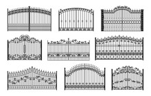 Iron Gates, Wrought Gothic Metal Decorated Steel Fences, Vector Mansion Entrance. Antique Vintage Architecture Black Facade Grates In Victorian Classic Style. Forged Decorative Objects With Ornaments