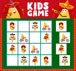 Poster - Sudoku game worksheet, funny mexican nachos chips characters. Vector kids riddle with cartoon tex mex snacks personages on chequered board. Educational task, children crossword teaser, boardgame