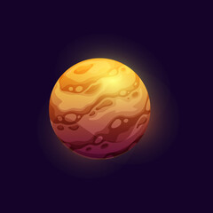 Poster - Cartoon space planet with stone and gold stripes. Sci-Fi space game UI alien planet vector icon with rocky and desert surface, mountains ranges. Fantastic galaxy inhabited world or moon satellite