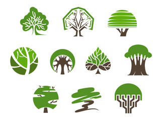 Park and garden tree icons. Environment, ecology, growth and lumber symbols. Aabstract green tree signs, nature or organic product icons with tree trunk and crown leaves