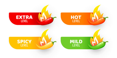 Wall Mural - Spicy level sticky labels. Tabasco sauce taste vector scale symbol, hot food or ketchup sauce spicy vector indicators or stickers. Chili pepper spicy rating or capsaicin level symbols with fire flame