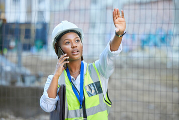 Aufkleber - Construction worker, maintenance and development woman multitask on a phone while working. Building management employee on a work call helping holding up a hand on a contractor and builder job site