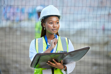Aufkleber - Construction worker, maintenance and development woman thinking with documents at work. Building management employee with a vision for improvement or plan for contractor or builder at the job site.