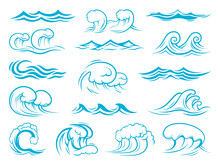 Sea And Ocean Wave Icons, Tsunami, Surf Waves. Isolated Vector Set Of Blue Turquoise Splashes, Ripples, Curling And Breaking. Marine And Nautical Storm Symbols, Foamy Swirls, Tide Wave Elements