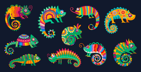 Cartoon Mexican chameleons lizards with folk ethnic ornament, vector reptiles. Tropical lizard animals or chameleon lizards with Latin alebrije pattern, colorful funny characters