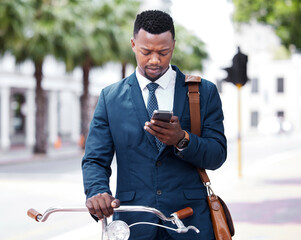 Poster - Reading, texting or web search on a phone of a business man ready to ride a bike to work or home. Digital entrepreneur using 5g internet on modern technology before riding a bicycle in the city
