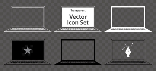 Poster - Black and White Laptop Computer Vector Illustration Icon Set. Laptop PC with blank screen and transparent background. 