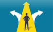 Businessman having to choose between three different choices indicated by arrows pointing in opposite direction concept, Choosing the correct pathway