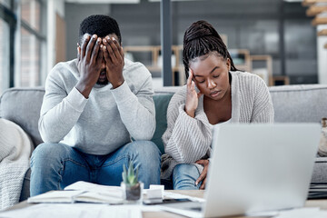 Aufkleber - Stress, anxiety and worry with a young couple struggling with finance, debt and the home budget in the living room. Man and woman feeling negative and depressed with inflation and loan repayment