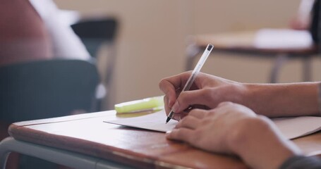 Poster - Student hands writing and learning in classroom book or notebook for test or exam at school. University or college learner with education scholarship working and studying at a desk or table in class