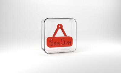 Wall Mural - Red From 9 to 5 job icon isolated on grey background. Concept meaning work time schedule daily routine classic traditional employment. Glass square button. 3d illustration 3D render