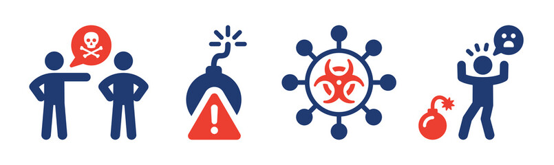 Poster - Threat icon set. Chemical, explosion warning and biohazard hazard symbol vector illusion.