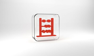 Red Abacus icon isolated on grey background. Traditional counting frame. Education sign. Mathematics school. Glass square button. 3d illustration 3D render