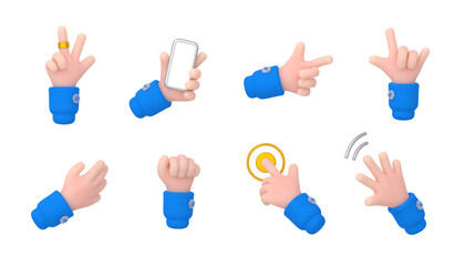 Poster - Hand gestures, human arm show symbols of peace and rock. 3d render illustration of waving palm, fist, hand hold phone, click on gold button and point direction