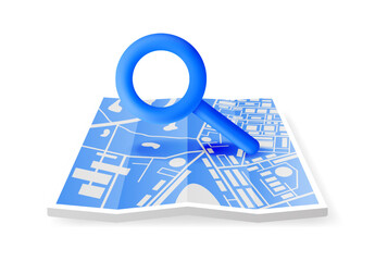 Poster - 3D Location Folded Paper Map with Magnifying Glass Isolated. Blue GPS Map and Search Loupe Icon. GPS and Navigation Symbol. Element for Map, Social Media, Mobile Apps. Realistic Vector Illustration