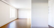 Wnętrze, pusty pokój z białymi ścianami i ozdobnymi sztukateriami. Dębowa klasyczna podłoga. 3d rendering