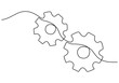 One continuous single line hand drawing of two gears isolated on white background.