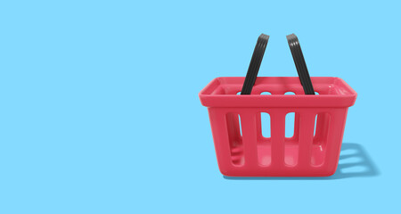 Poster - Empty red shopping basket. Plastic basket on blue background with space for text. 3D rendering.