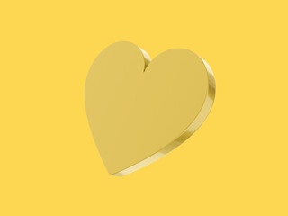 Poster - Flat metal heart. Gold mono color. Symbol of love. On a solid yellow background. Bottom view. 3d rendering.