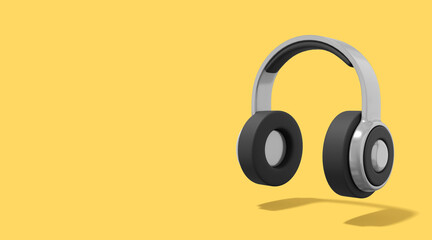Poster - 3d rendering. Realistic gray headphones on yellow background with space for text.