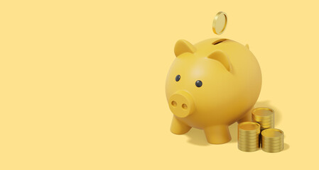 Poster - Yellow piggy bank with falling coins, stacks of coins on yellow background. Accumulation of savings icon. Banner, space for text. 3D rendering.