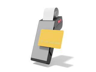 Poster - Gray black POS terminal with credit card and check. Modern machine for cashless payment. Device for NFC pay. 3D rendering on the white background.