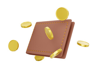 Poster - Icon savings, enrichment. Closed wallet with coins on white background. Payment concept. 3d rendering.