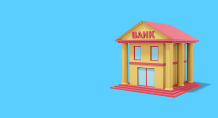 Poster - Yellow bank with red roof, building with columns, on blue background. Banner with space for text. Isometric view. 3d rendering.