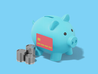 Poster - Accumulation of savings icon. 3D rendering. Blue piggy bank with stacks of coins, credit card on blue background.