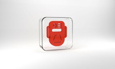 Wall Mural - Red Artificial intelligence robot icon isolated on grey background. Machine learning, cloud computing. Glass square button. 3d illustration 3D render