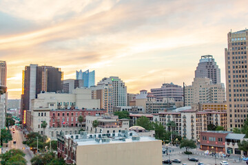 Wall Mural - Downtown San Antonio Texas building city skyline during a golden sunset