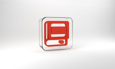 Canvas Print - Red Book about cinema icon isolated on grey background. Glass square button. 3d illustration 3D render