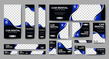 Car Rental Banner Design Web Template Set, Horizontal Header Web Banner. Black And Blue. Cover Header Background For Website Design, Social Media Cover Ads Banner, Flyer, Invitation Card