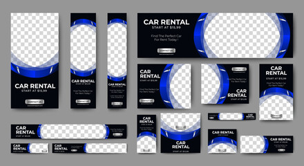 Canvas Print - car rental banner design web template set, horizontal header web banner. black and blue. cover heade