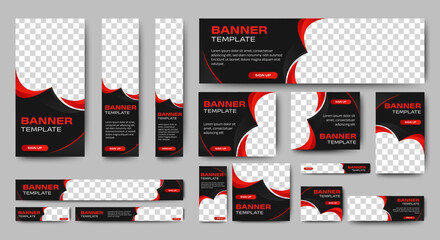 Poster - Business banner design web template Set, Horizontal header web banner. Black and red. cover header background for website design, Social Media Cover ads banner, flyer, invitation card