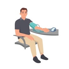 Young Man Taking His Blood Pressure At Home. Healthy Lifestyle. Flat Vector Illustration Isolated On White Background