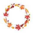 Watercolor autumn wreath with yellow, red and brown leaves.