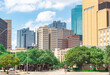 Downtown colorful buildings and trees of the Fort Worth Texas city skyline
