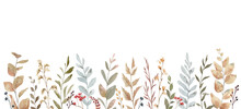 Watercolor Banner Of Autumn Branches Isolated On A White Background.