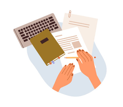 Hands with office documents, official papers, planner and computer keyboard. Employee arms work with business notebook, organizer at workplace. Flat vector illustration isolated on white background