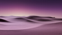 Rolling Sand Dunes Form An Empty Desert Landscape. Night Wallpaper With Purple Gradient Starry Sky.